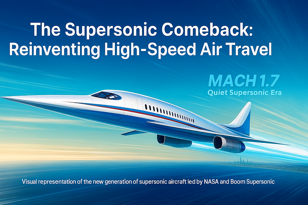 Conceptual image of a futuristic supersonic aircraft flying silently over the Atlantic.
