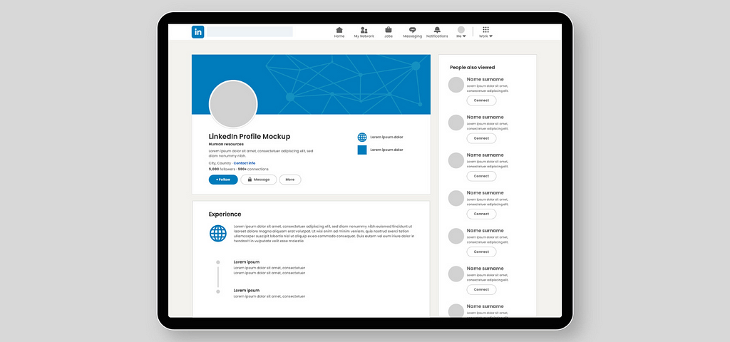 Flat mockup design of Linkedin profile page