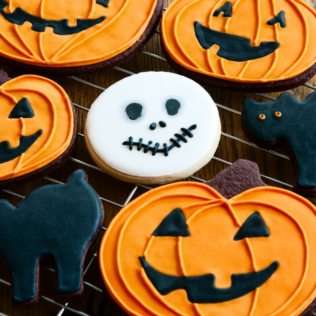 Pumpkin, Black cat and skeleton halloween cookies for the article Haunted by the Past: Childhood Trauma’s Influence on Halloween Reactions