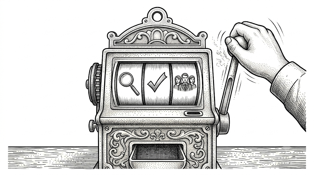 A nondeterministic model is a slot machine by default; the three reels are hunt, self, and tribe.