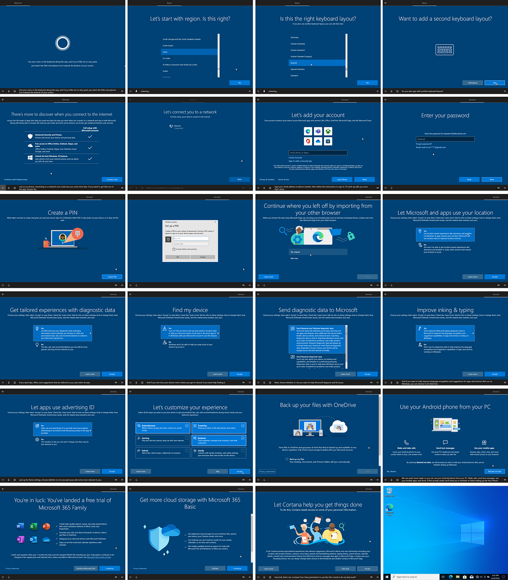 A grid of 24 screenshots displaying the entire onboarding process of Windows 10 version 22H2