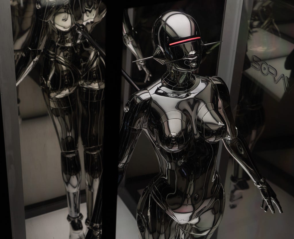 Metallic, shiny, Human-sized female robot inside a showcase