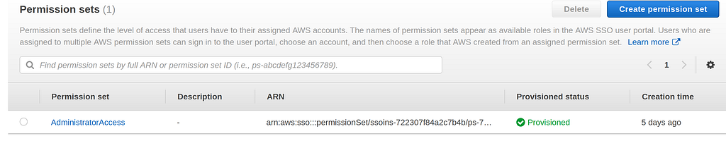 AWS SSO interface, permission set menu were we see AdministratorAccess provisonned