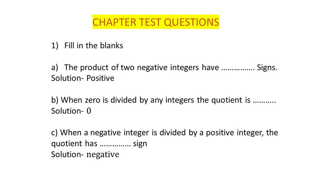 Chapter Test Questions On Integers Of New Learning Composite Mathematics solution Class 7 Text book