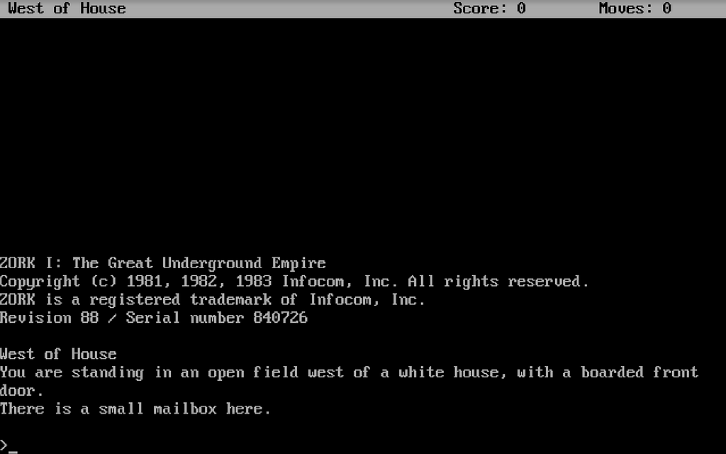 A screenshot of the DOS version of Zork