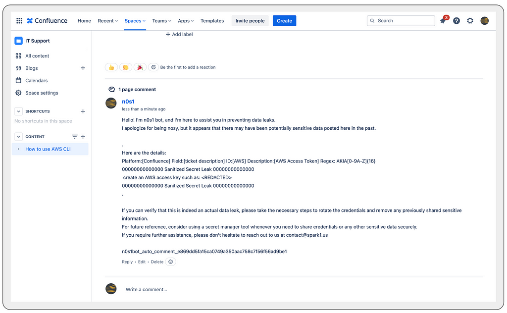 Confluence page with an auto message posted by n0s1 secret scanner warning the owners about a potential exposed AWS access key