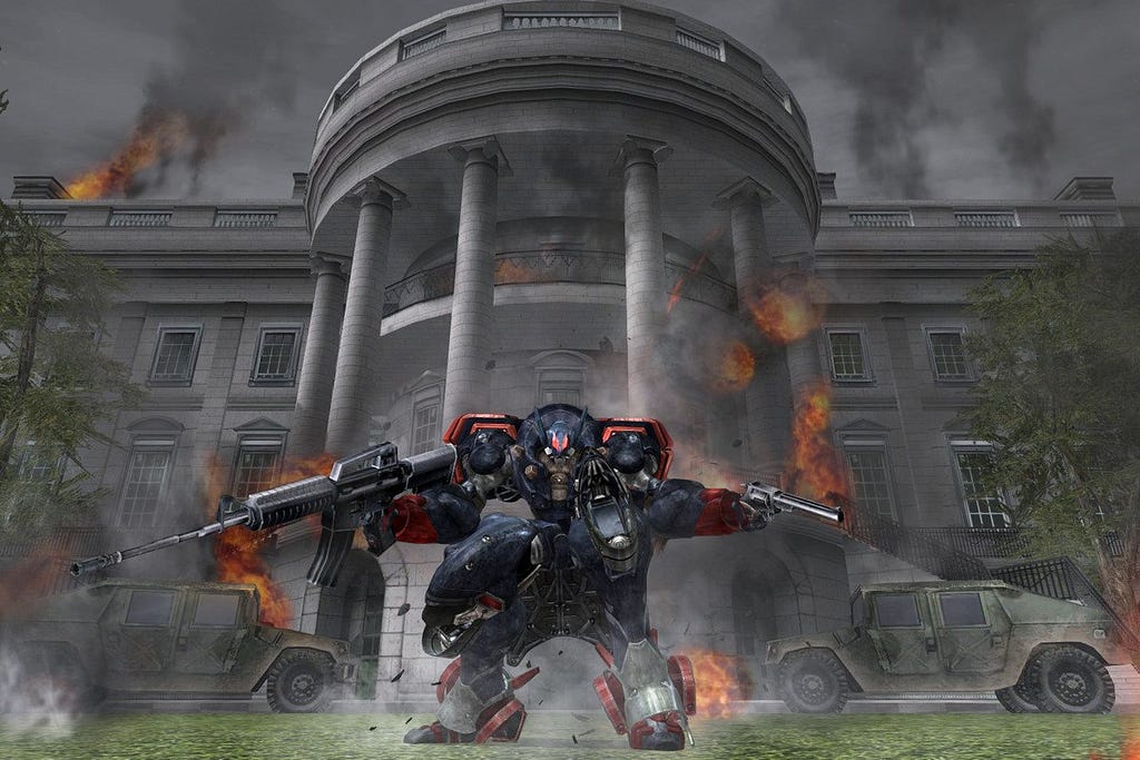 The giant robot Metal Wolf busting out of the White House