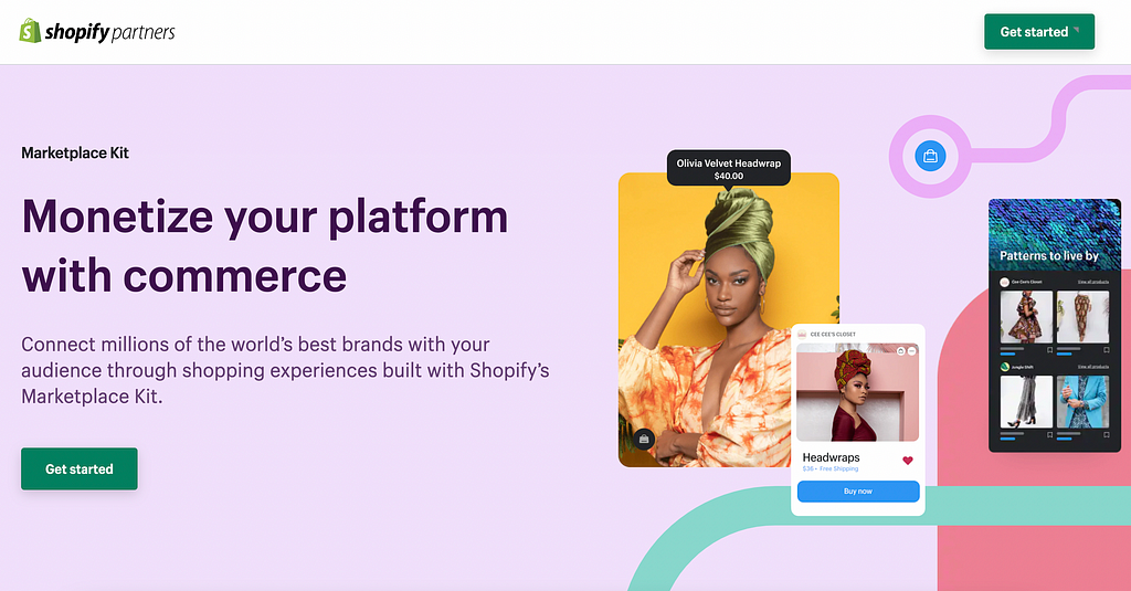 The Marketplace Kit landing page with the headline Monetize your platform with commerce and a product image example of a black woman wearing an Olivia Velvet Headwrap.