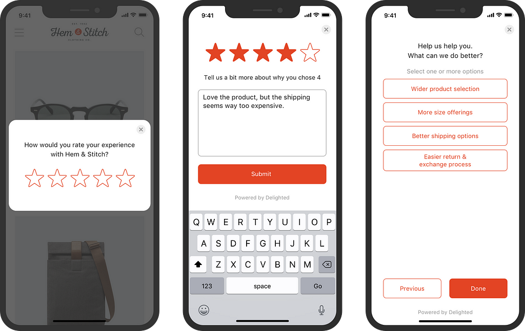 Three screens with examples of Pop-up surveys form at Hem&Stitch app