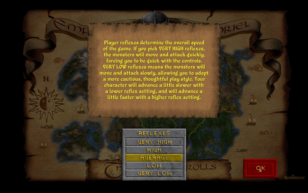 Screenshot from the 1996 action-RPG game “Elder Scrolls II: Daggerfall”, where the player can chose reflexes option from “very high” to “very low”, with a text explaining the effect of this setting in the game (mainly player character and monsters move and attack speed).