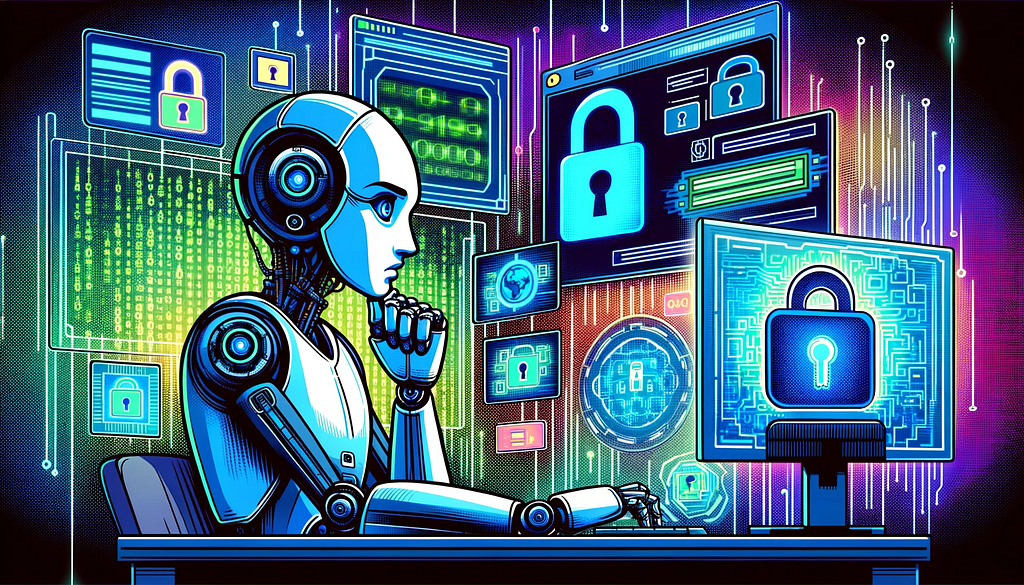 Illustration of a stylized AI robot seated at a desk in a futuristic cyber world, analyzing data on screens displaying code and security lock symbols. The scene is vibrant with blues, greens, and purples, symbolizing advanced technology and digital security, capturing the essence of AI prompt protection.