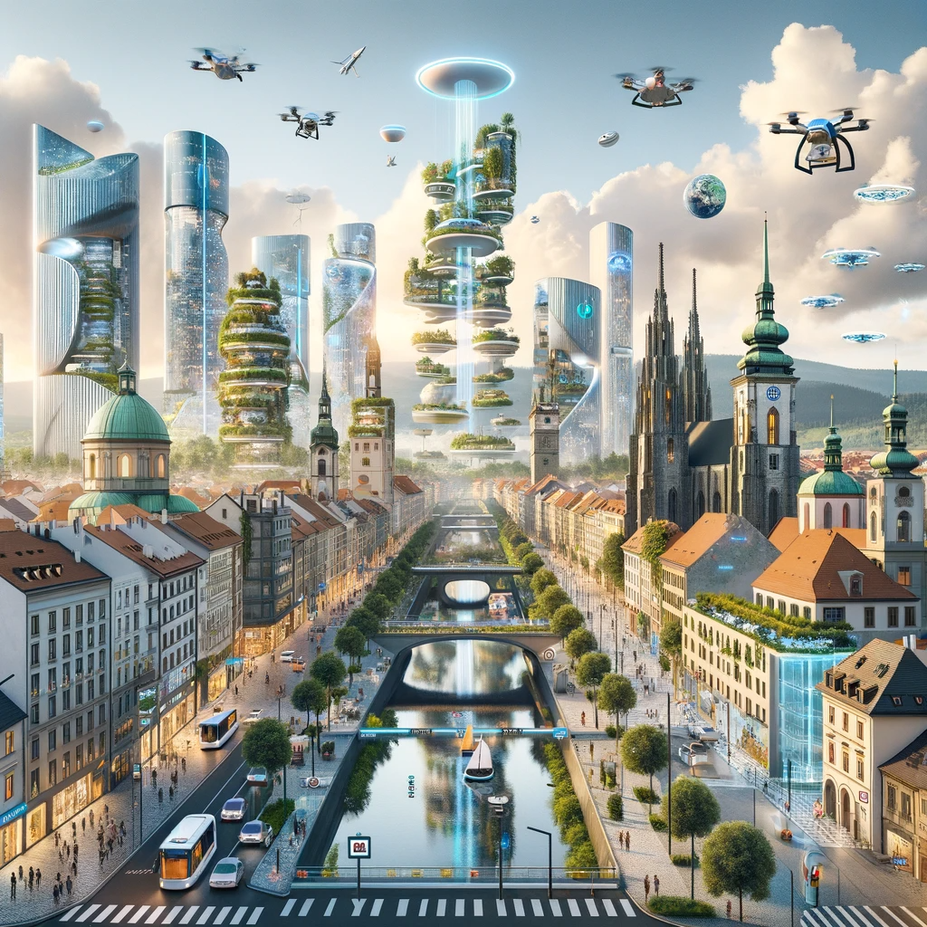 Futuristic vision for the city of Brno, Czech Republic, generated by Dall-E