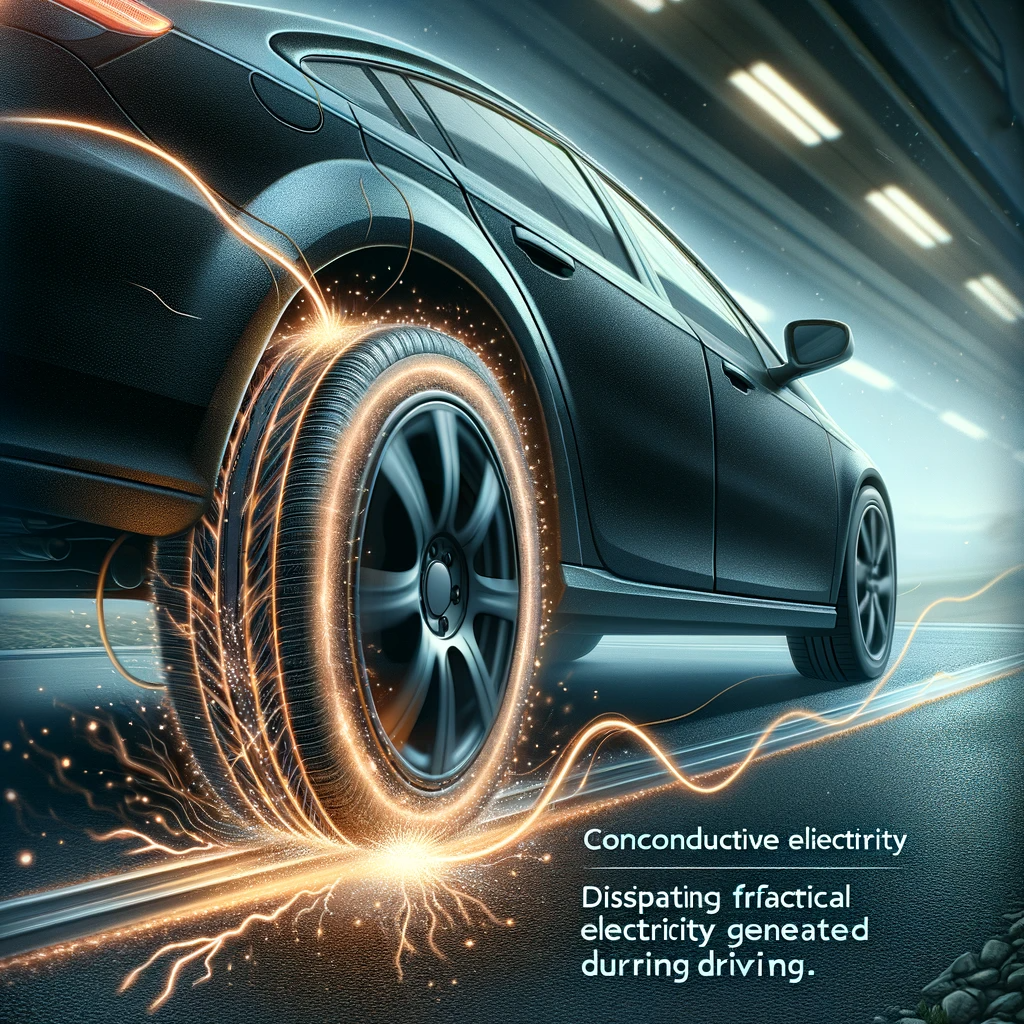 ChatGPT / DALL-E: an image demonstrating that black car tires are conductive and dissipate frictional electricity generated while driving.