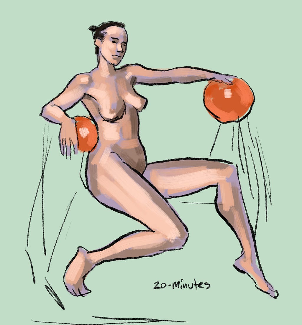 A digital painting of a nude, female model. She is seated on a bench. Her right forearm is holding a balloon against her torso. Her left arm is outstretched and holding a balloon.