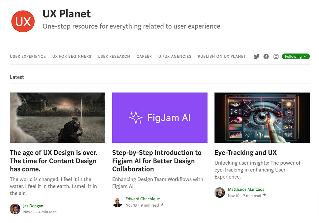 UX Planet homepage on Medium