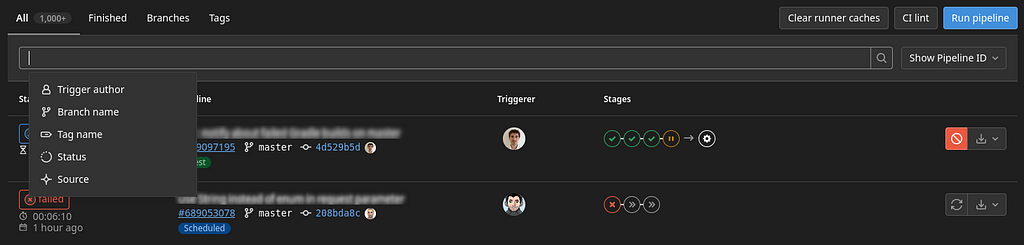 Gitlab CI’s “Pipelines” view, with the available filters made visible: trigger author, branch name, tag name, status, source