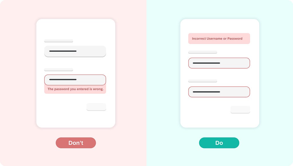 An example of Login Error Message: Don’t : ‘The password you entered is wrong’ , Do: ‘Incorrect Username or Password’