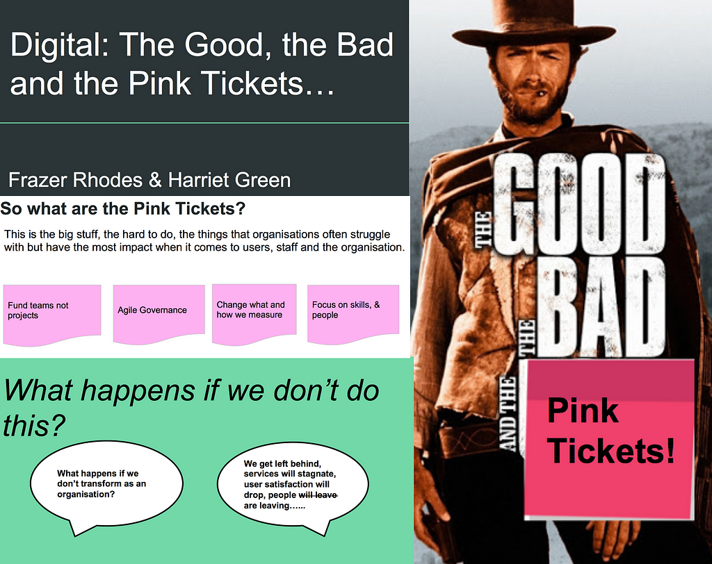 Slides from a presentation which include a title slide and content from a deck titled, The Good, the Bad and the Pink Tickets.