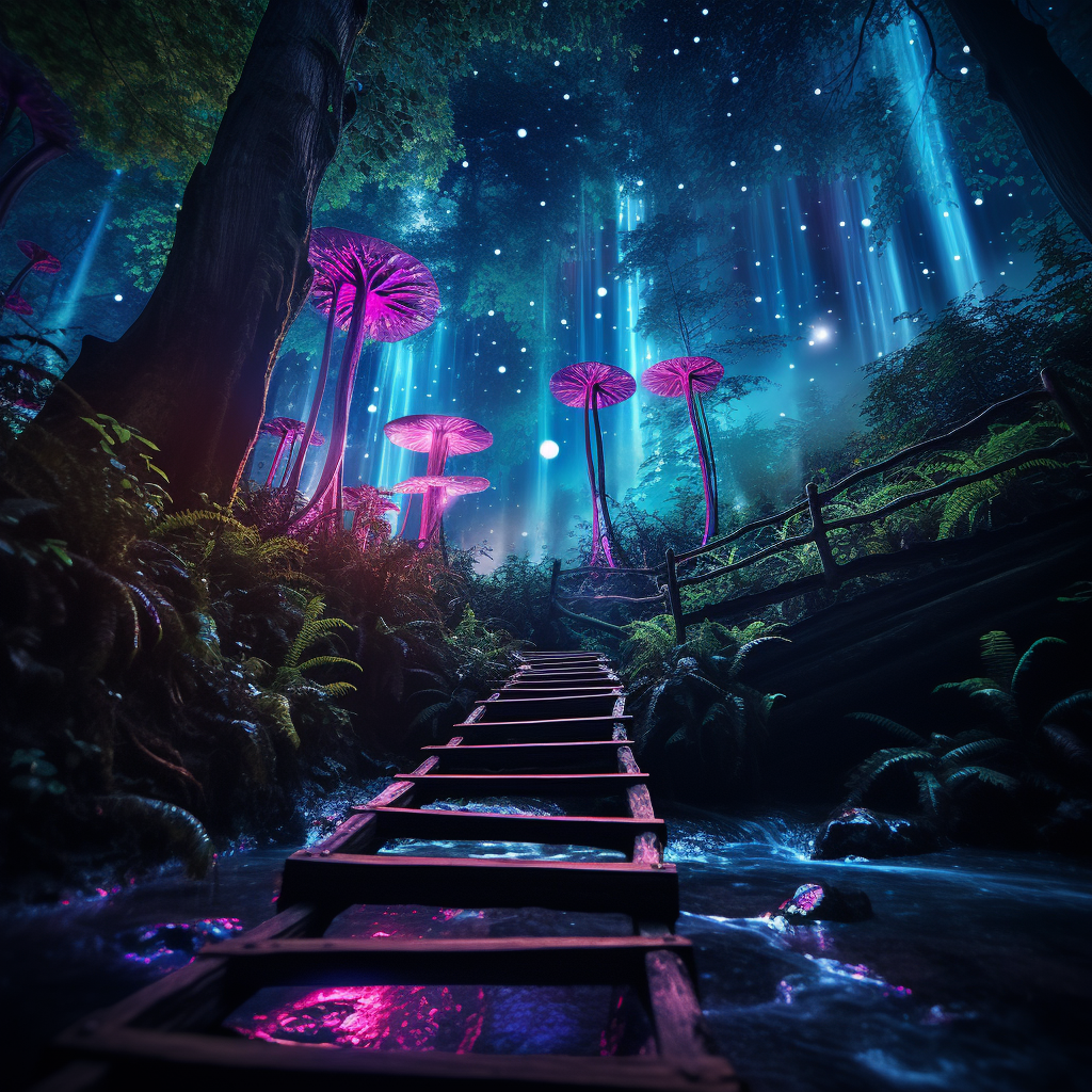 A bioluminescent forest, trees shimmering in vibrant hues of purples, blues, and greens, guiding the path to an ethereal waterfall. Nikon D6