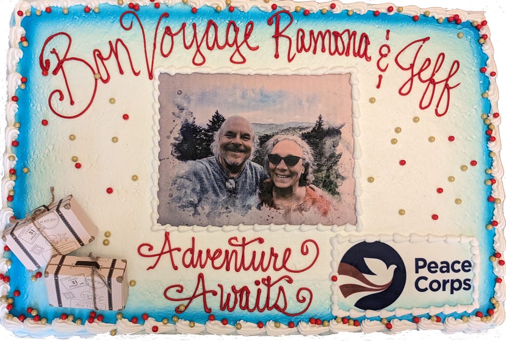 Blue and white cake “Bon Voyage Ramona & Jeff. Adventure Awaits. Peace Corps. Photo of Ramona and Jeff on the cake with luggage.