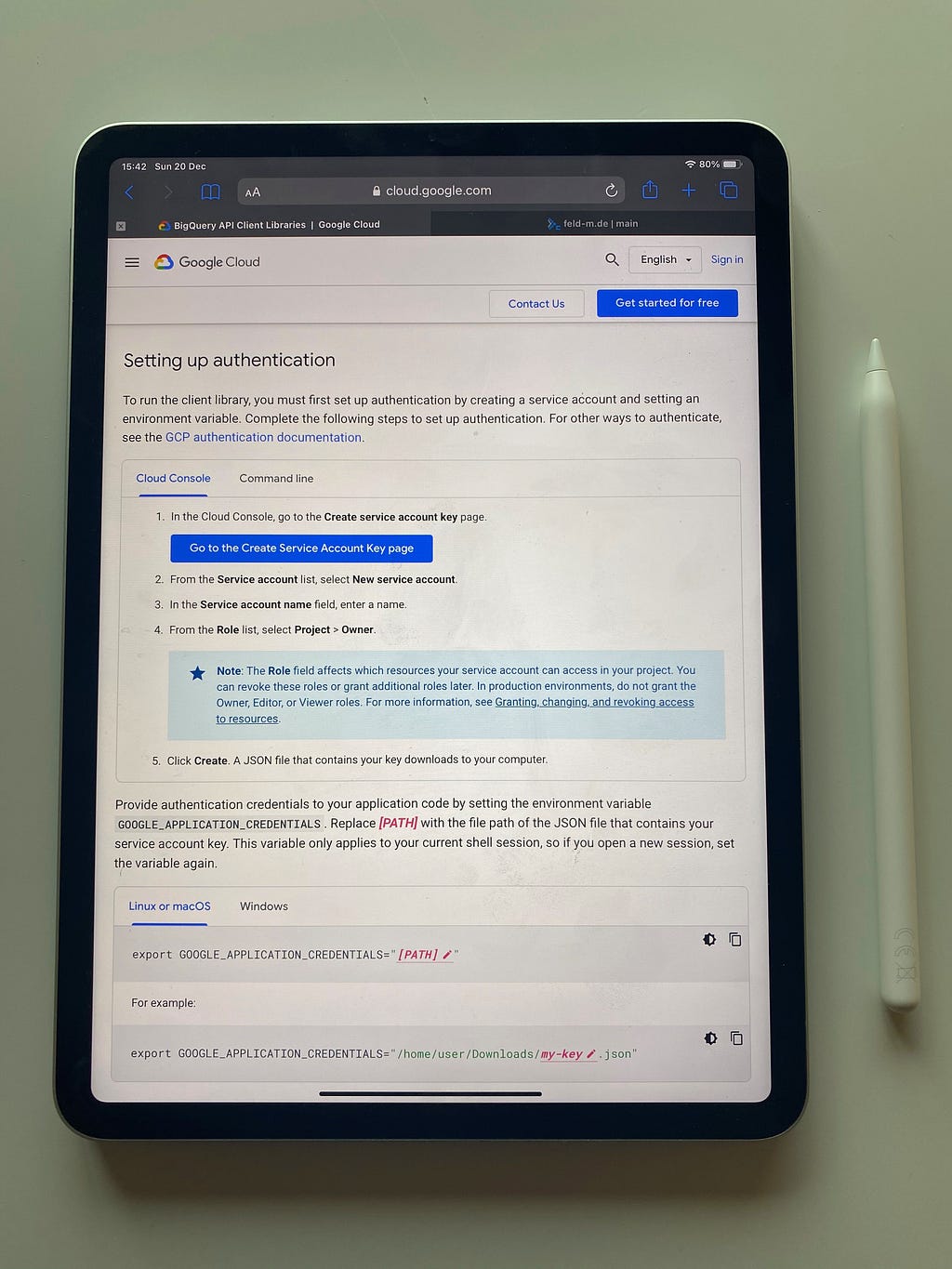 iPad Pro with Apple Pencil on the side, showing Google Cloud Platform documentation
