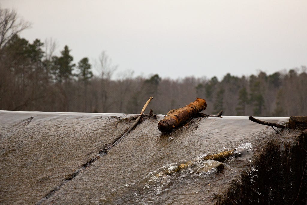 Some tree branches resting on top of the dam, water rushing around the branches and down the dam.