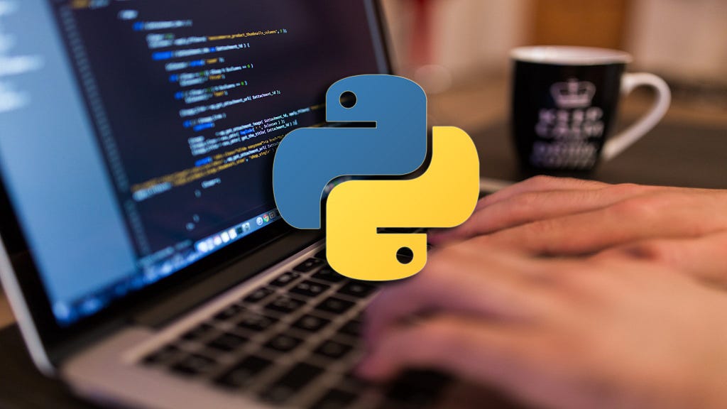 A person typing on a laptop with the python logo overlaid the image.