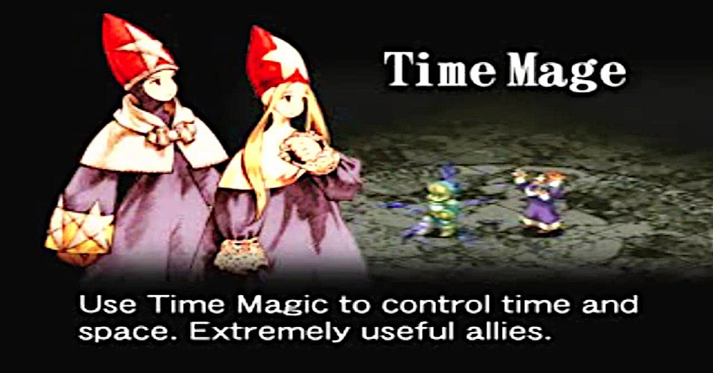 A screenshot from the Job Class introduction cinematic of the Time Mage job from the original version of Final Fantasy Tactics.