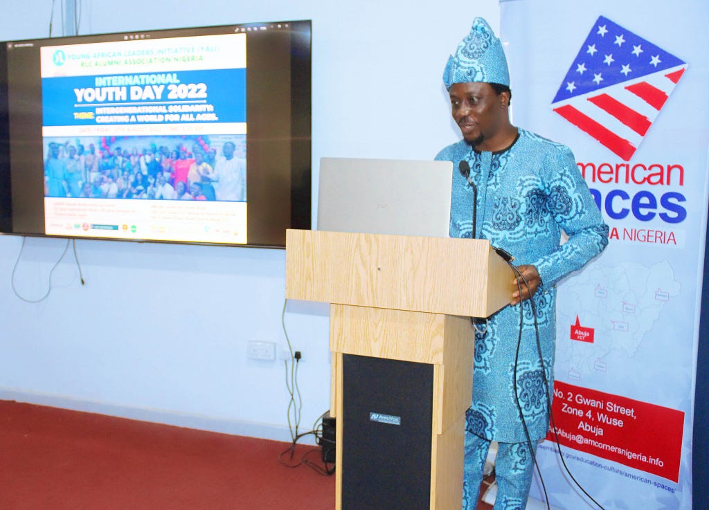 Mayokun Adeoti — National President YALI RLC Alumni Nigeria giving a speech at the 2022 International Youth Day.
