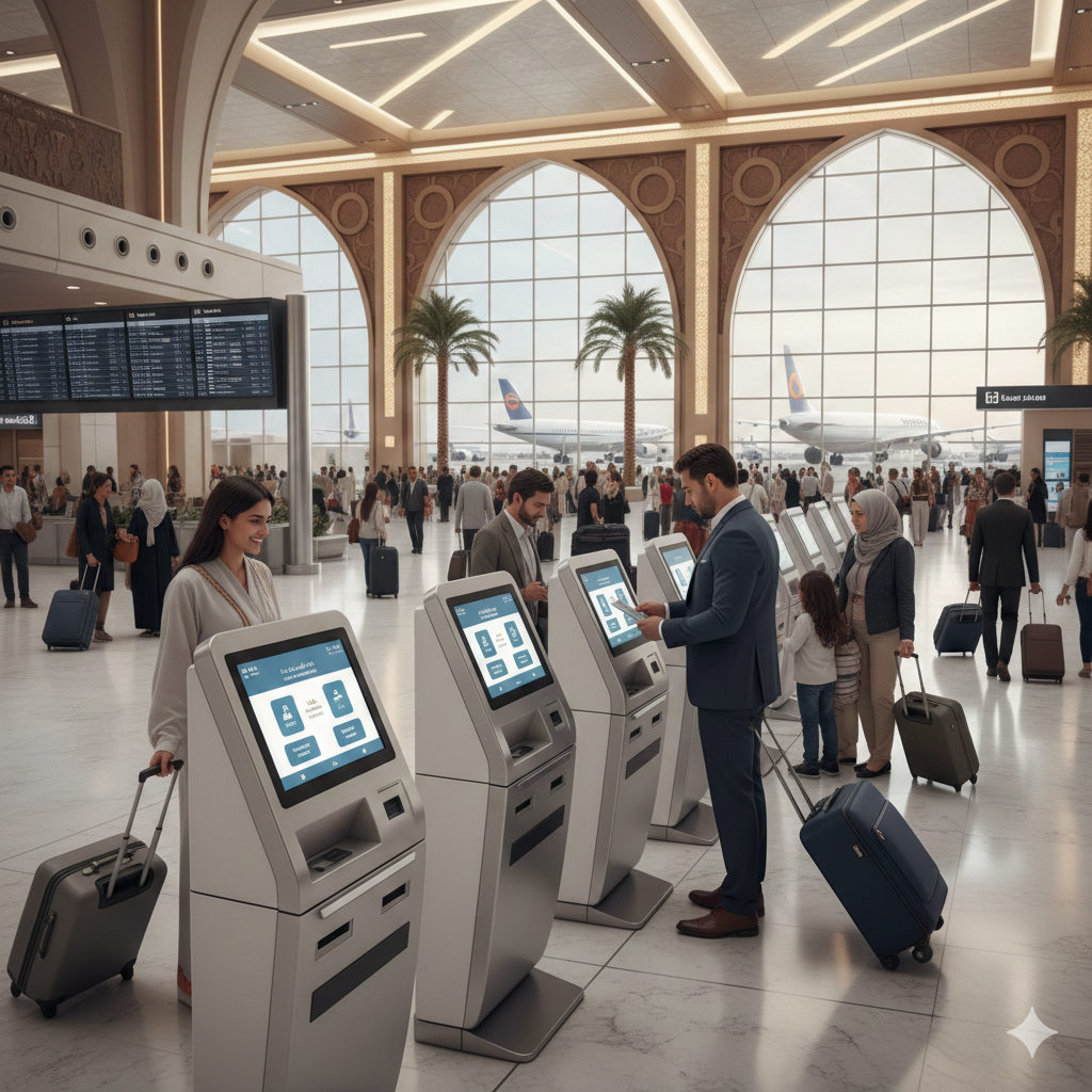 Travellers-using-airport-kiosk-machine-in-a-busy-airport-in-a-middle-e Travellers-using-airport-kiosk-machine-in-a-busy-airport-in-a-middle-e