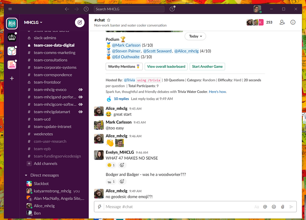 A picture of a Slack instance, showing several people talking after a quiz.