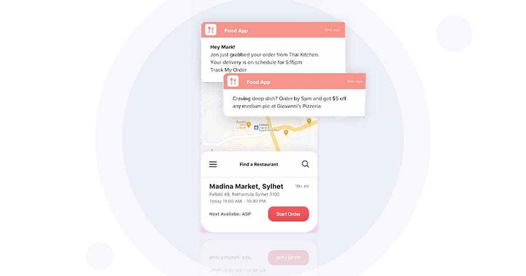 in-app push notifications for timely order status update from restaurants to customers, promotional notifications, delivery status update
