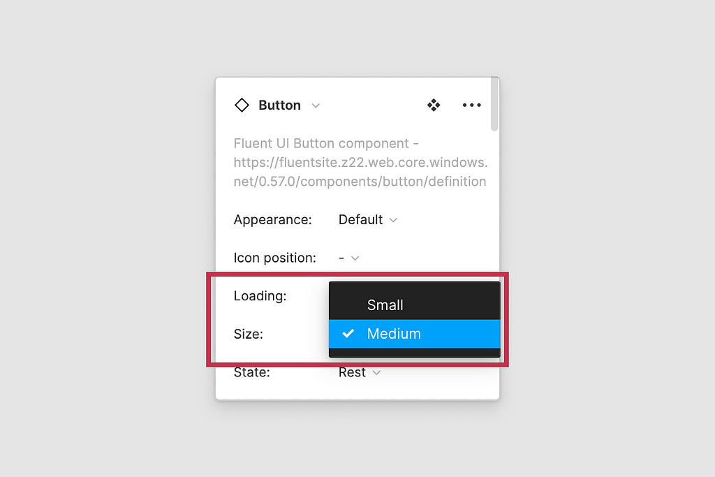 Button controls inside Figma UI variants panel highlighting the “Size” prop