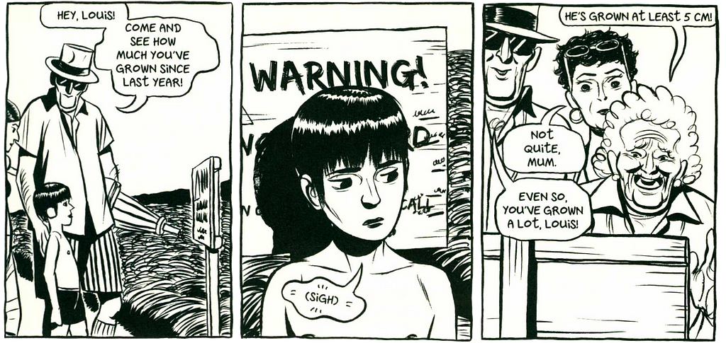 Panel from San Castle: a young boy is measured against a warning sign post and looks disappointed while his family tries to encourage him by saying that he’s grown a lot since last year.