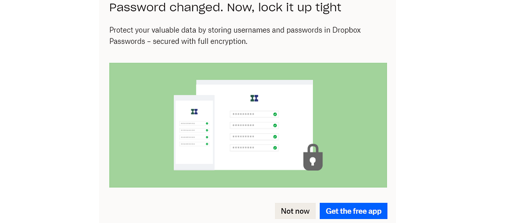 “Password changed. Now, lock it up tight” confirmation message with an image of a lock on the screen.