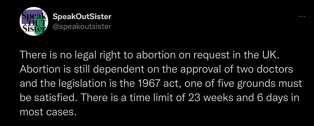 There is no legal right to abortion on request in the uk. Abortion is still dependent on the approval of two doctors and the legislation is the 1967 act, one of five grounds must be satisfied. There is a time limit of 23 weeks and 6 days in most cases.