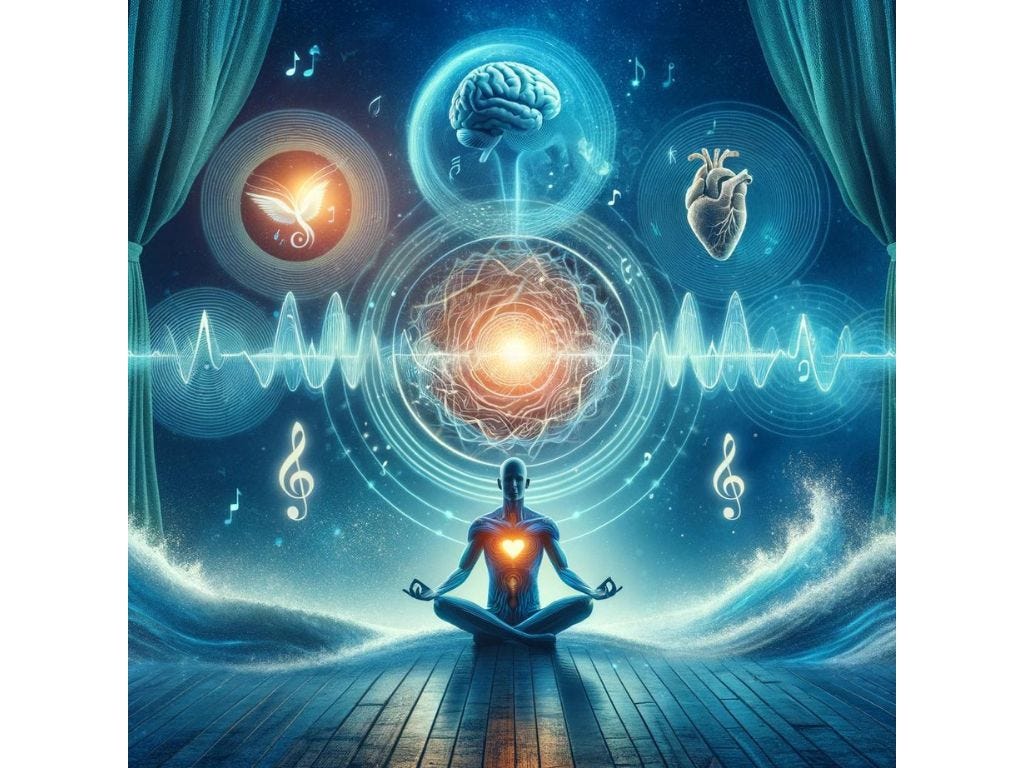 The image illustrates the transformative effects of meditation music, featuring symbols of health like a serene brain, a heart amidst peaceful waves, and a figure in meditation, all harmonized by soothing musical notes.