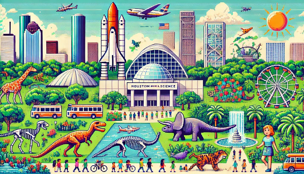 Pixel art of Houston’s top attractions includes the Space Center with a rocket, the Houston Museum of Natural Science with a dinosaur skeleton, the Houston Zoo with various animals, and the lush greenery of Hermann Park. Diverse people are enjoying these attractions under a sunny sky with a few clouds, with bright and varied colors representing the lively atmosphere.