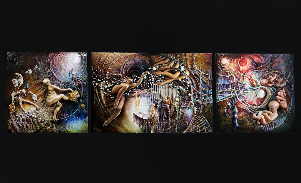 The “Life Between Lives” (2019) triptych collection, made out of a plant fiber and acrylic composite and painted with oils.