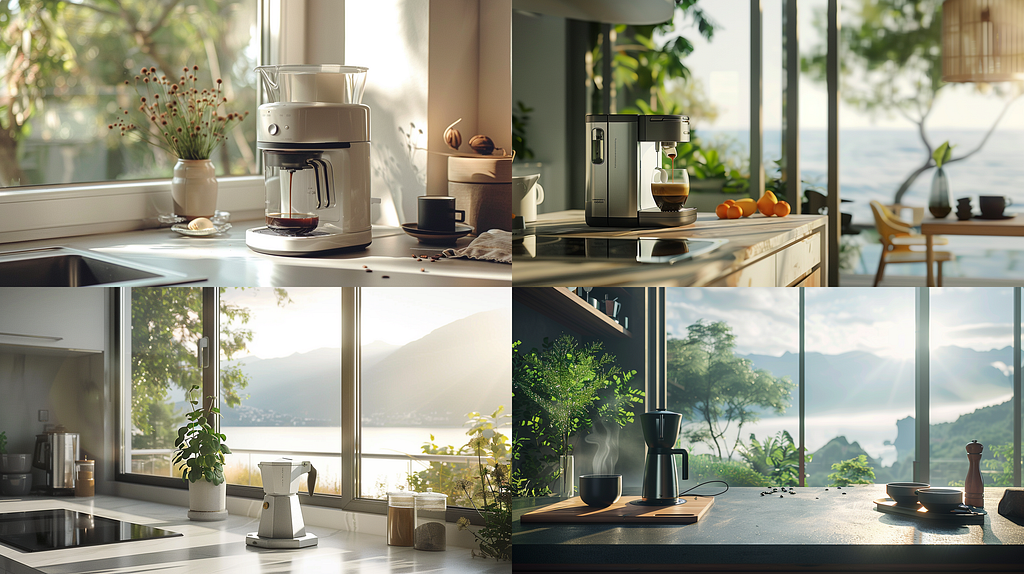 Product photography, a coffee maker, in a coastle style kitchen in a villa , serene and calm, mocochrome scheme, light filled landscape, with the natureal landscape outside the window