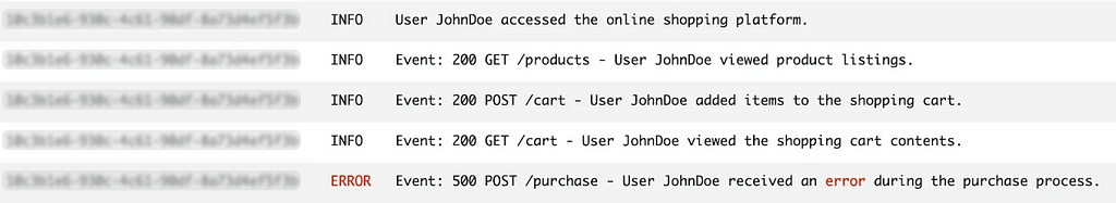 Log events to reflect the customer’s actions. Showed in order, the first event is JohnDoe successfully accessing the shop. The second event is JohnDoe successfully retrieving the products. The third event is JohnDoe successfully adding a product to cart. The fourth event is JohnDoe successfully viewing the carts contents. The last event is JohnDoe attempting to purchase the product but receiving a error.