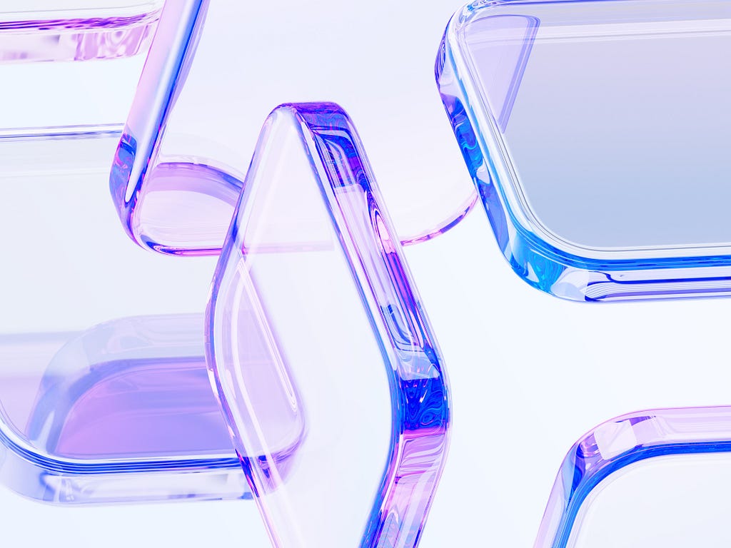 A decorative graphic in purple and blue of transparent cubes