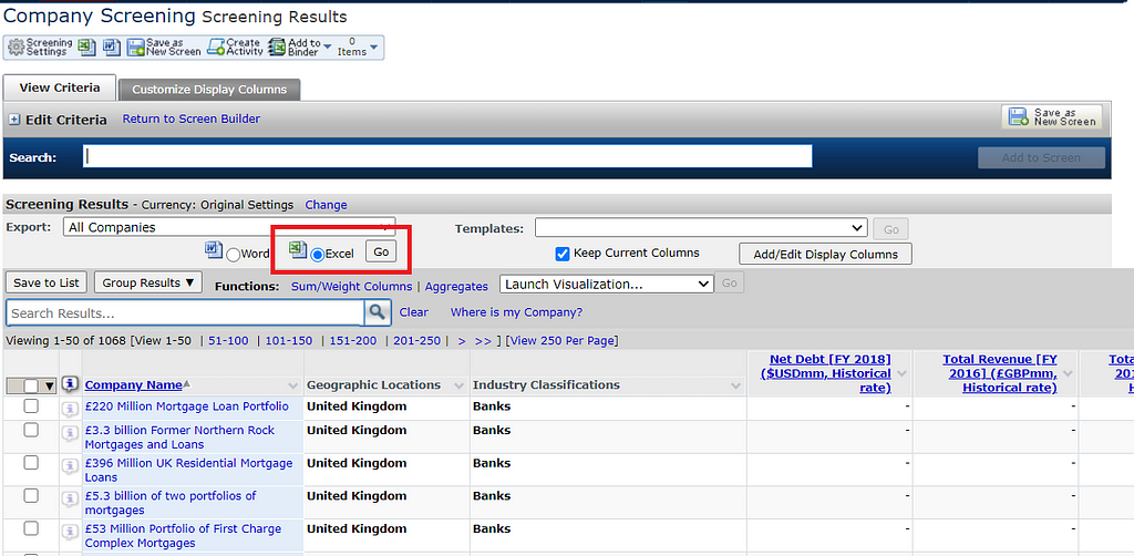 Company screening results with more data columns. Can export to Excel.