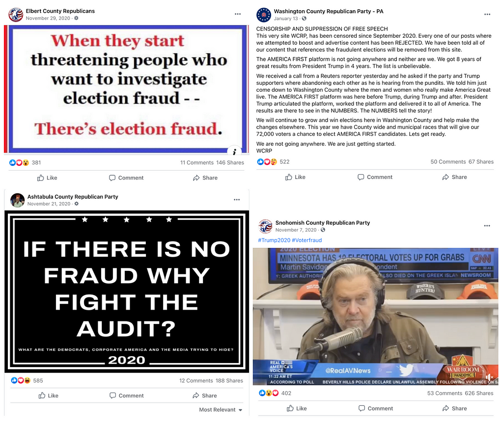 Four screenshots of Facebook posts from local pages containing claims of voter fraud in the 2020 election. The link to the specific facebook post is at the end of the article.