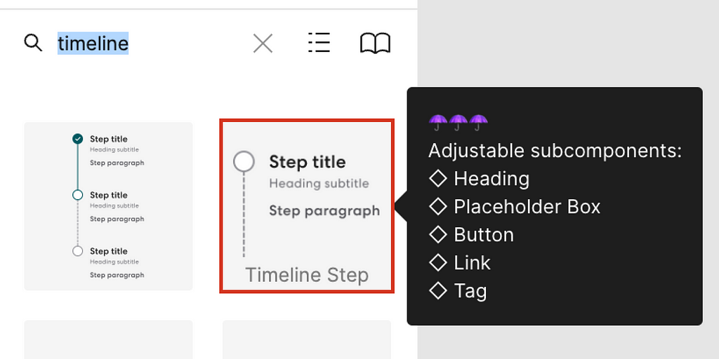 Hovering over the Timeline Step component inside of Figma. The tooltip reads, “Adjustable subcomponents: Heading, Placeholder Box, Button, Link, Tag.”