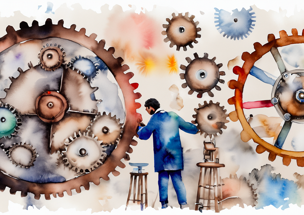 A watercolor painting of a person examining the large gears of a complex machine.