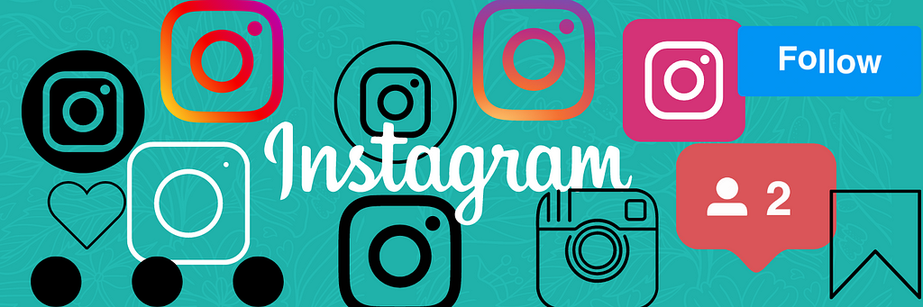 Icons of the Instagram logo, follow button, like button