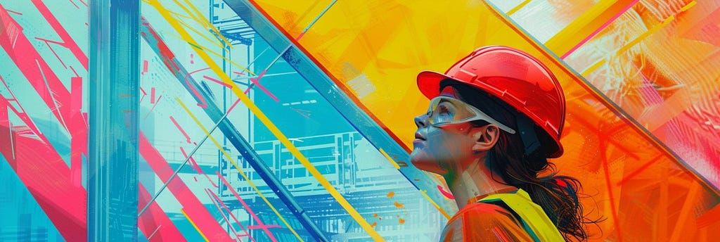 A woman on a colourful abstract construction site wearing protective goggles, a hi-viz jacket, and an orange hard hat.