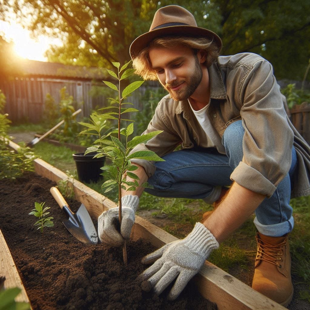 Promoting environmental stewardship by planting a young tree in a community garden.