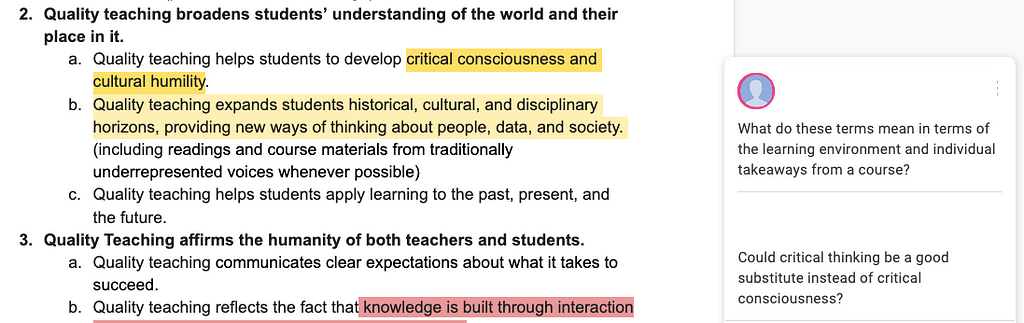 Screenshot from a Google Document where students commented on terms like “critical consciousness” in a drafted principles doc
